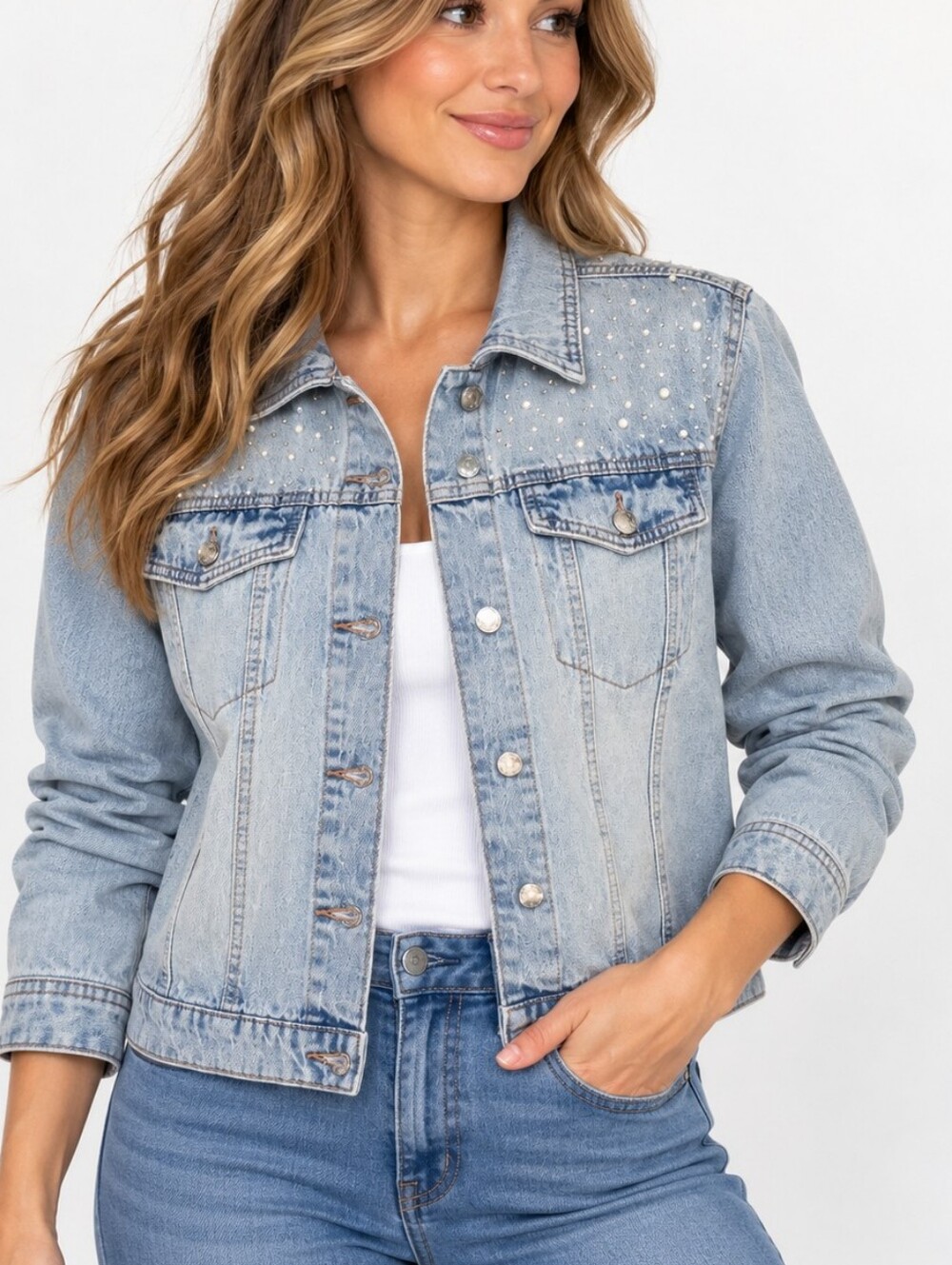 Maurices Rhinestone Pearl Denim Jacket 100% Cotton Trucker Size M Light Blue